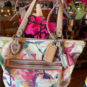 Coach Multicolor Canvas Tote with Pink, Purple, Green and Tan Accents